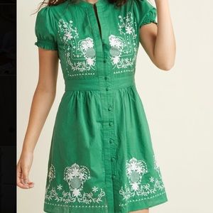 ModCloth green embroidered dress with puff sleeves